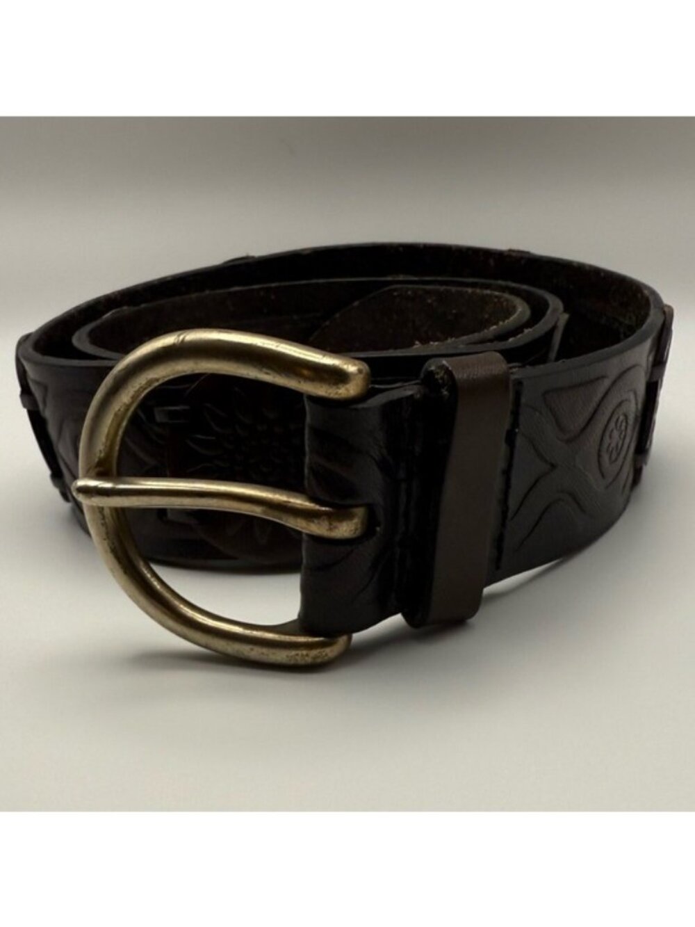 Fossil Brown Tooled Leather Belt Solid Brass Buckle Sunburst Boho Medium Unisex